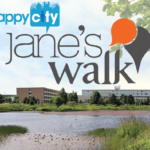 Kenny's Pond view, a fading tree branch in the foreground, Jane's Walk Logo, and Happy City Logo