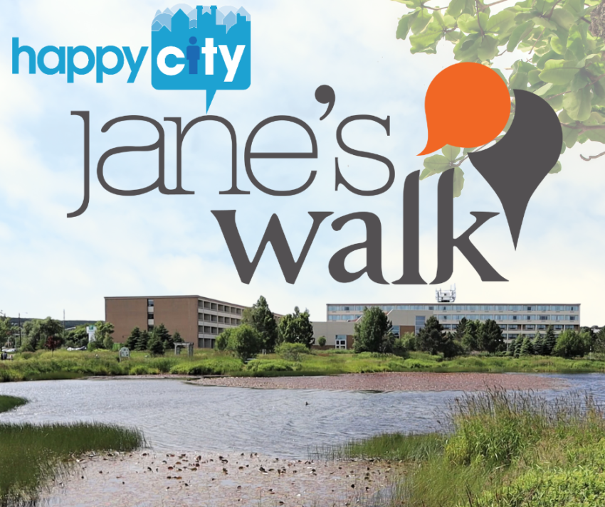 Kenny's Pond view, a fading tree branch in the foreground, Jane's Walk Logo, and Happy City Logo